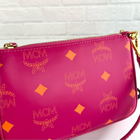 MCM Visetos Mini Zip Pouch Splash Logo Crossbody Bag Pink $650 - Picture 8 of 15